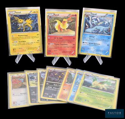 Plusieurs cartes Pokémon sont exposées sur un fond noir