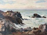 un tableau représentant une côte rocheuse avec un phare au loin