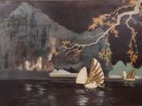 une image d'un tableau représentant un bateau dans l'eau