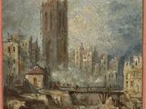 an image of a painting of a view of a city with a bridge in the foreground