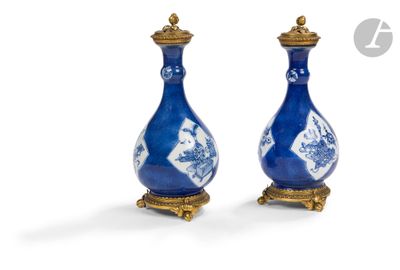 paire de vases en porcelaine bleue et blanche à socle doré