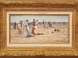 tableau représentant un groupe de personnes sur une plage, avec un chien au premier plan