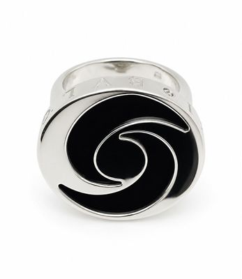 silver ring with black enamel spiral design
