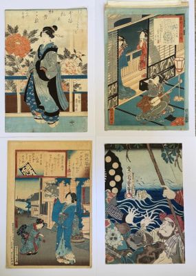 six framed japanese woodblocks depicting women in traditional clothing