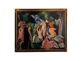 a painting of a group of people with umbrellas
