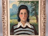 painting of a woman in a striped shirt in a white frame