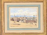 painting of a view of a town with a bridge over a river