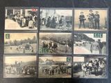 several old black and white photographs of people and horses