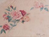 un tableau représentant un bouquet de roses roses accroché au mur