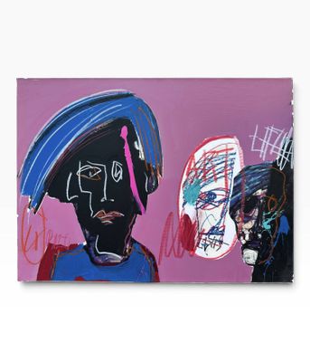 painting of a man with a helmet and a skateboard in front of a pink background