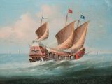 painting of a sailing ship in rough water with flags flying in the sky