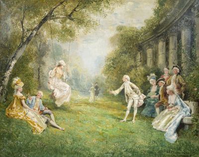 a painting of a group of people playing a game of tennis