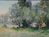 une aquarelle représentant un champ parsemé d'arbres