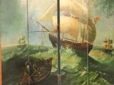 a painting on the wall of a room with a boat in the water