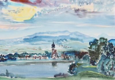 aquarelle représentant une église située sur une colline surplombant un plan d'eau