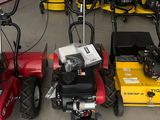 Plusieurs tondeuses à gazon sont alignées en rang dans un garage