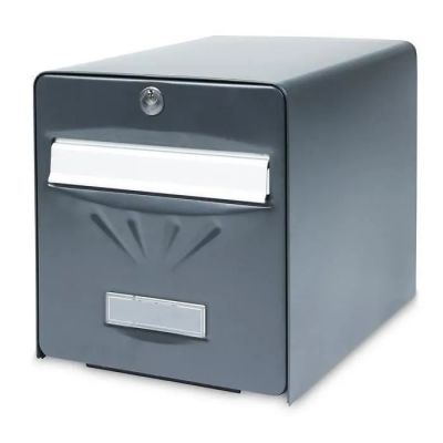 a black mail box with a white paper in it
