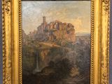 une peinture représentant un château sur une colline, avec une cascade au premier plan