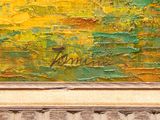 an oil painting of a yellow and green landscape with a bird in the foreground