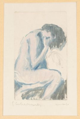 dessin représentant une femme assise par terre, la tête entre les mains