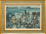 une peinture représentant un groupe de personnes sur la plage
