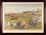 an image of a painting of a farm with a windmill in the background