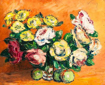 une peinture de fleurs dans un vase sur une table