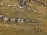 an oil painting of a cow grazing in a field near a tree