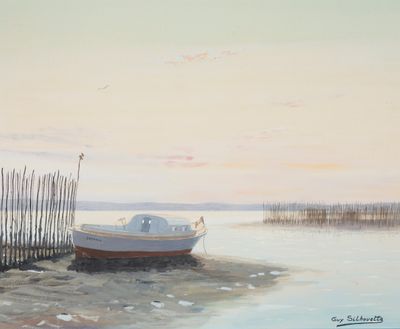 a painting of a boat on the shore of a lake