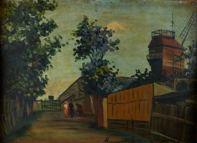 tableau représentant une femme marchant dans une rue, avec un moulin à vent en arrière-plan