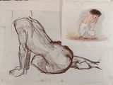 sketches of a man sitting on the ground next to a drawing of a naked man