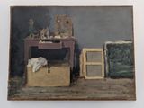 a painting on the wall of a room with a table and a chair