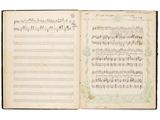 un livre ouvert, orné de notes de musique, posé sur une surface blanche