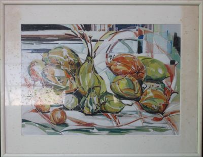 a painting of fruit and vegetables on a table
