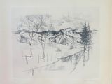 dessin représentant un paysage enneigé avec des arbres et des montagnes en arrière-plan