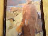 tableau représentant un homme se promenant sur une plage avec un chien
