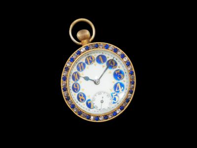 une image montrant un gros plan d'une montre de poche sur fond noir