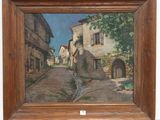 an oil painting of a street scene with buildings and a dog