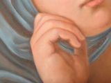 painting of a woman in a blue scarf with her hand on her chin