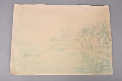 dessin représentant un bateau sur une rivière, avec des arbres en arrière-plan