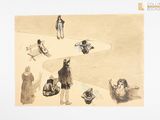 un dessin représentant un groupe de personnes assises sur un banc