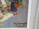 a painting of a woman walking down the street with an umbrella