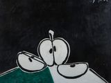 an image of a painting of apples on a green and white surface
