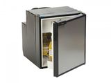 a small refrigerator with a door open on a white background