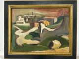 framed painting of a woman in a landscape with a house in the background