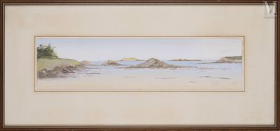 an image of a painting of a beach scene with rocks in the water