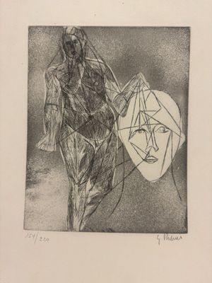 dessin au crayon représentant un homme marchant, un masque sur la tête