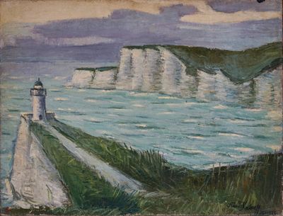 un tableau représentant un phare situé sur une falaise au bord de l'océan