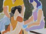 painting of a group of people sitting on a bench in a park