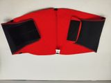 a close up of a red and black belt with a black buckle